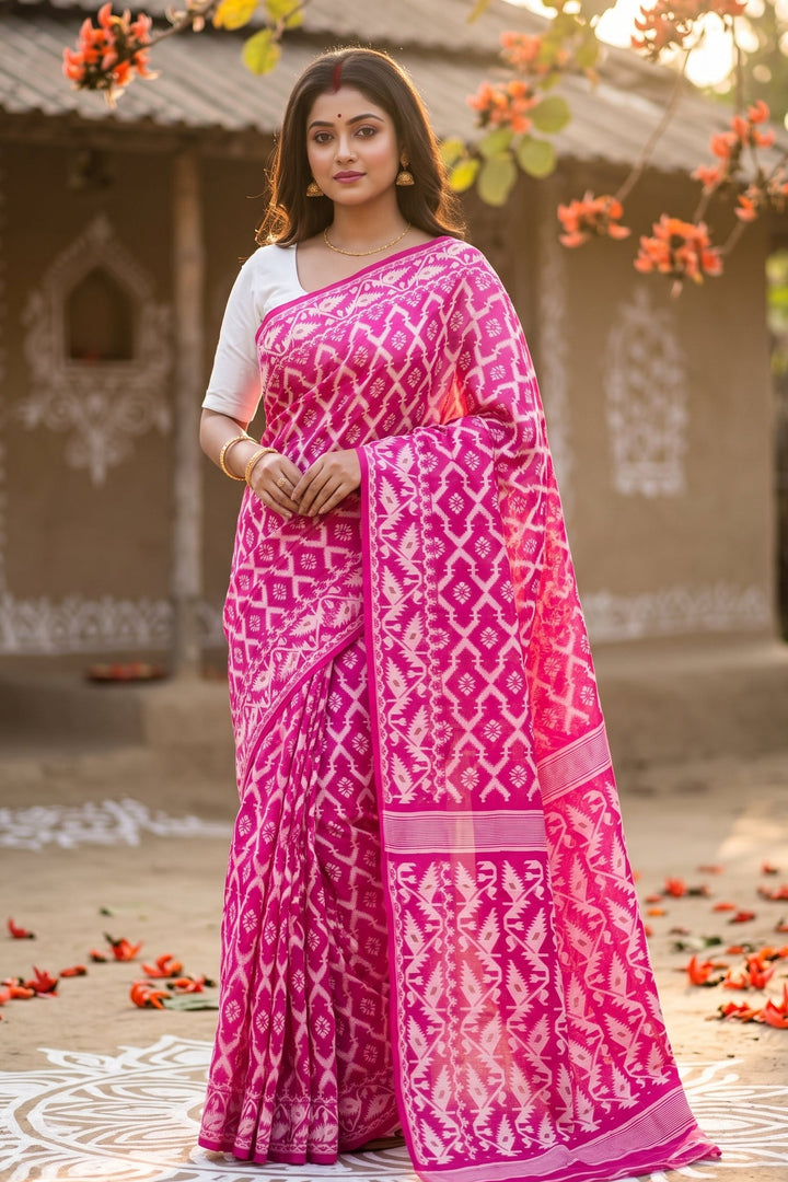 Neel Komol ( নীল কমল )Bengal Jamdani Saree (Rani Pink)