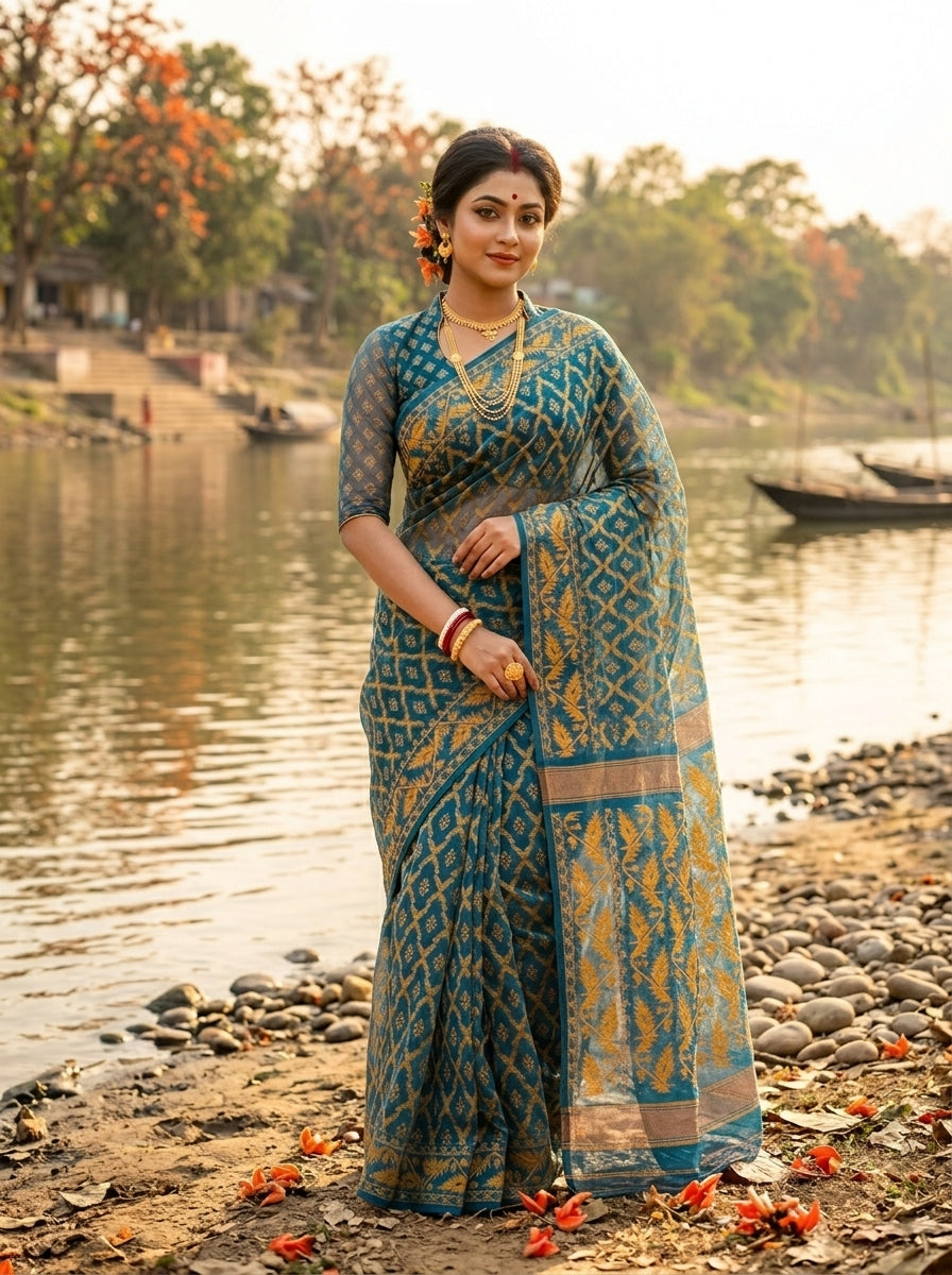 Neel Komol ( নীল কমল )Bengal Jamdani Saree (blue)
