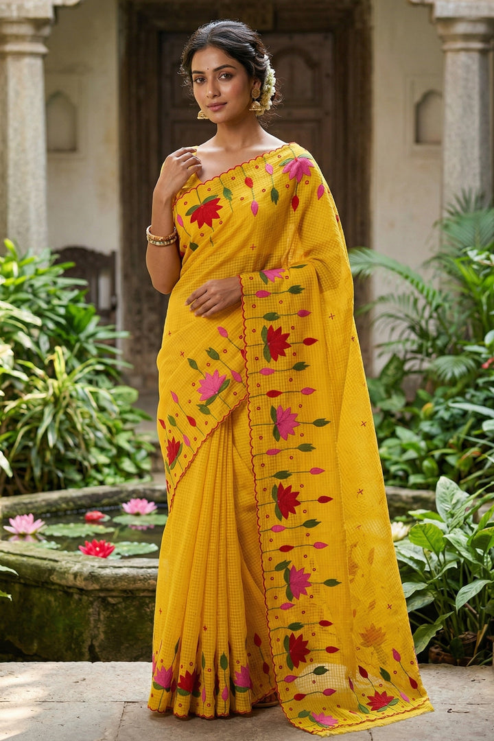 Padyo Pata Kota Applique Yellow Saree