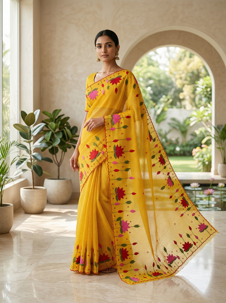 Padyo Pata Kota Applique Yellow Saree