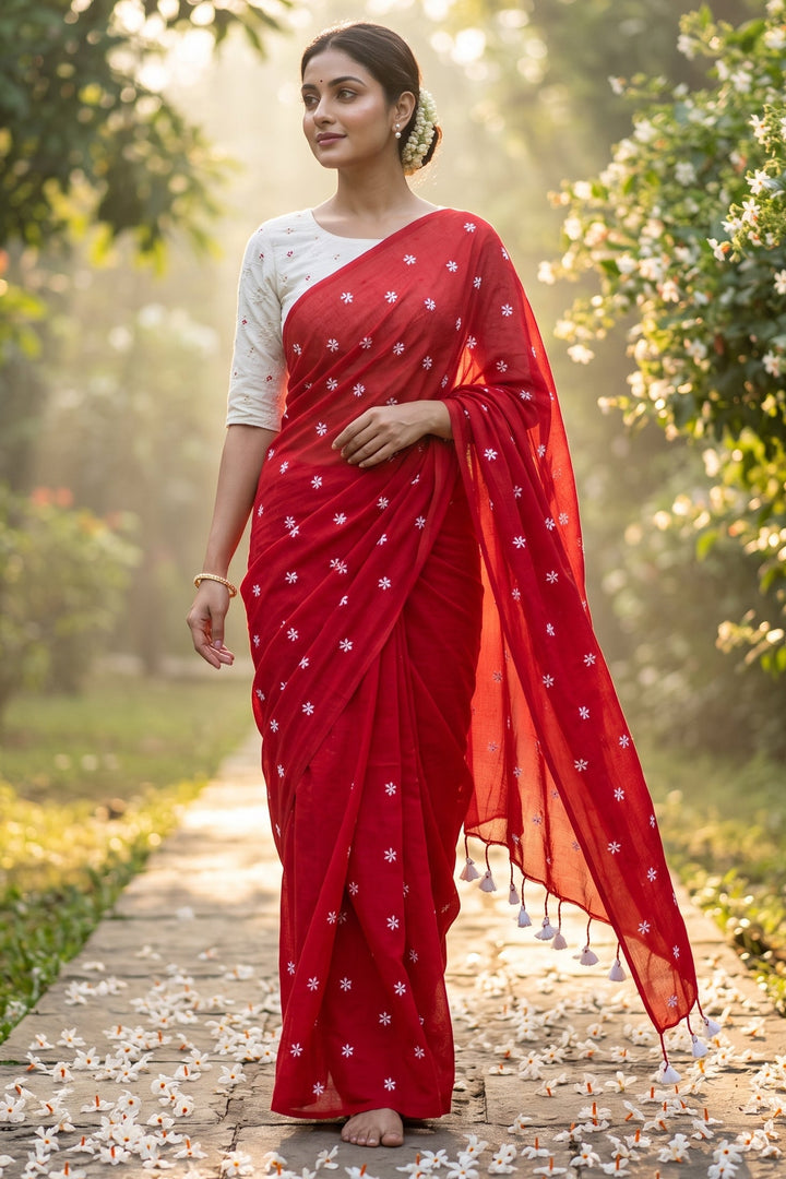 Bengal Shiuli(Jasmine) khadi Saree In Red