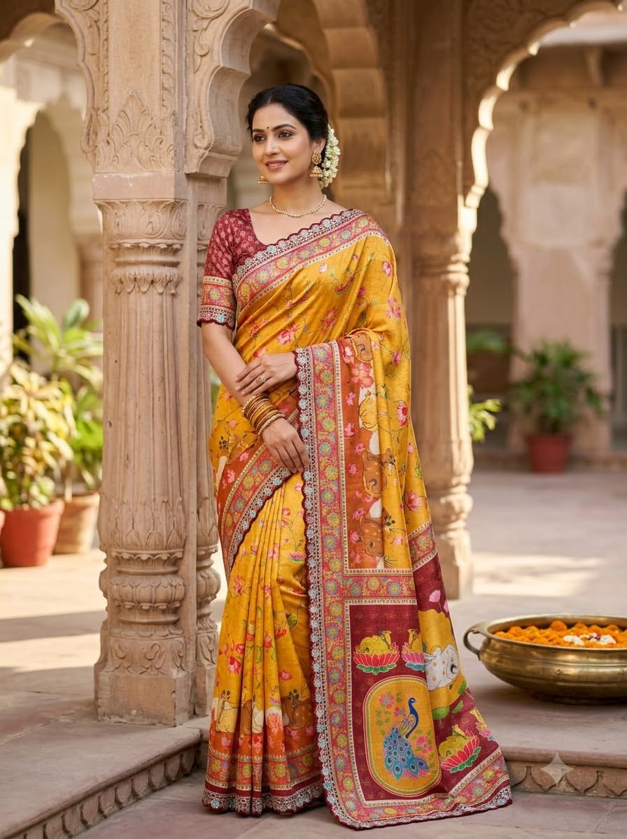 ✨ Madhabh Maya Premium Soft Dola Crepe Kalamkari Silk Saree ✨