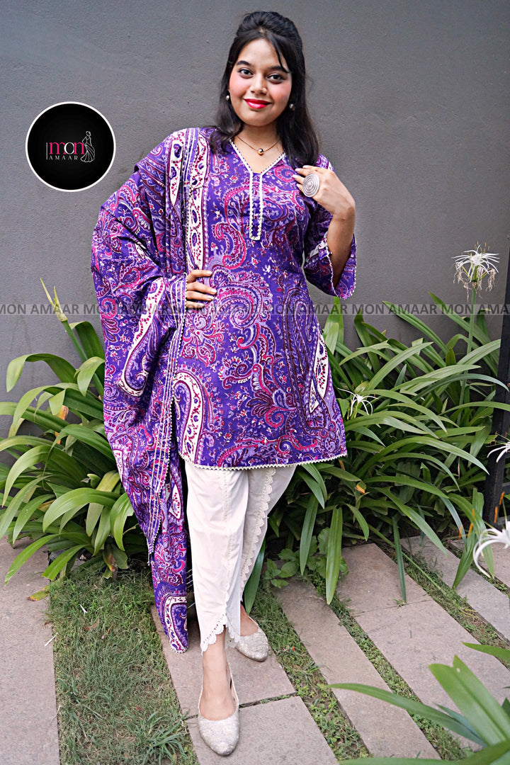 Purple Heart Cotton kurti Set - With Tulip Style Pant