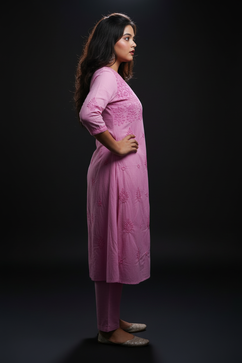 Chikankari Fun - Cotton Kurti Set(Pink)