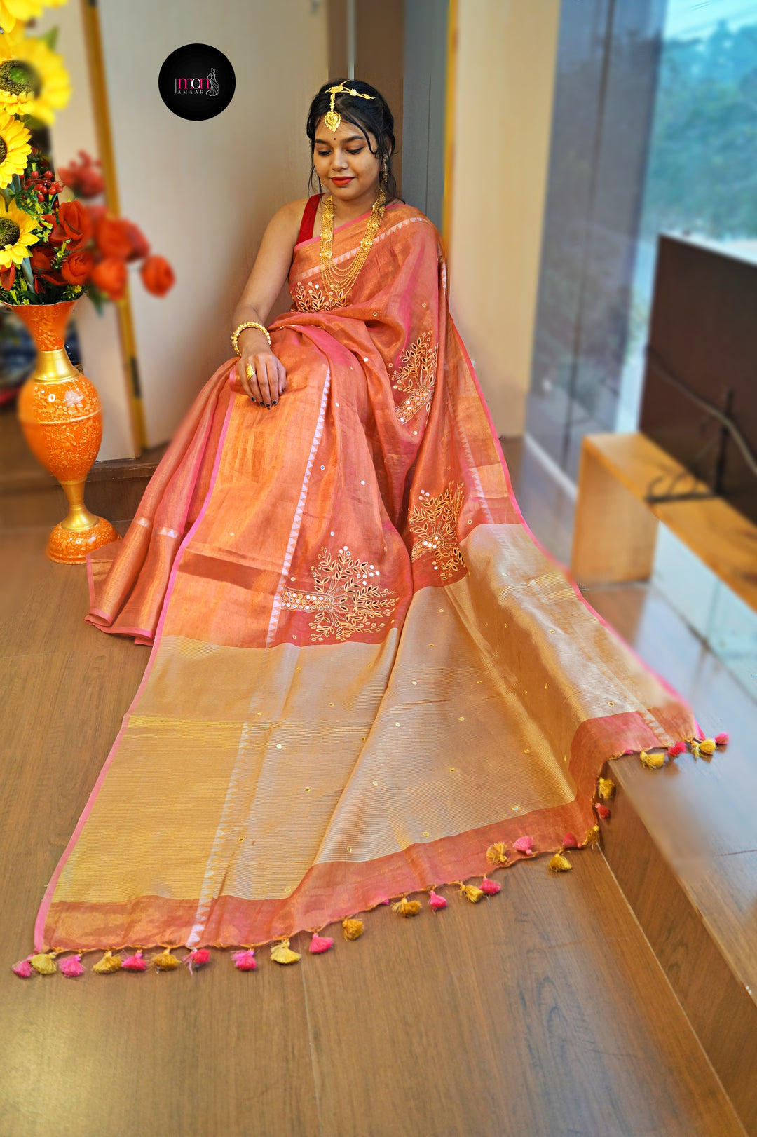 Traditional Tales- Pure Handwoven Tissue Linen Saree