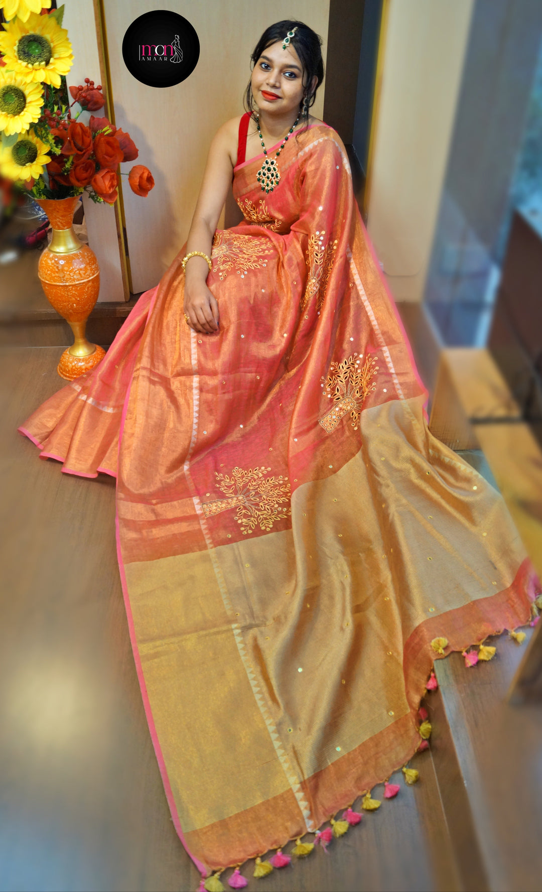 Traditional Tales- Pure Handwoven Tissue Linen Saree