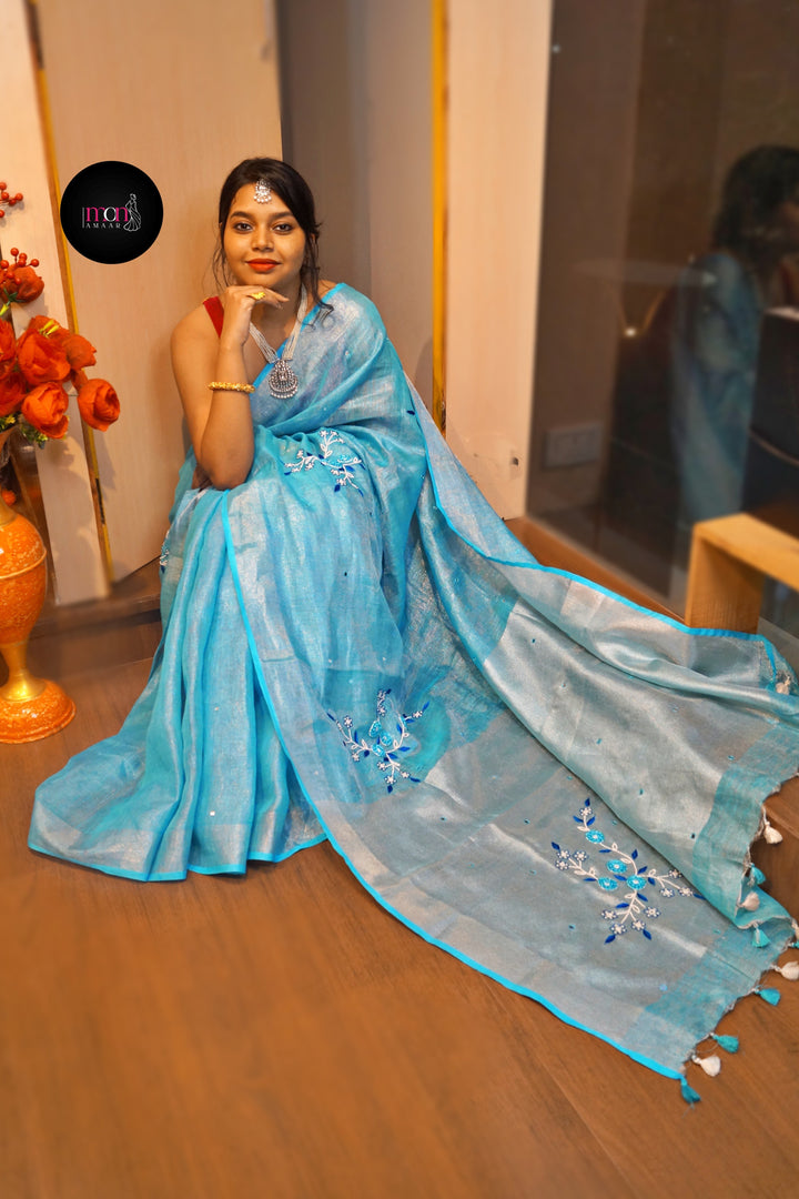 Sky Gaze( Pure Tissue Linen Saree)