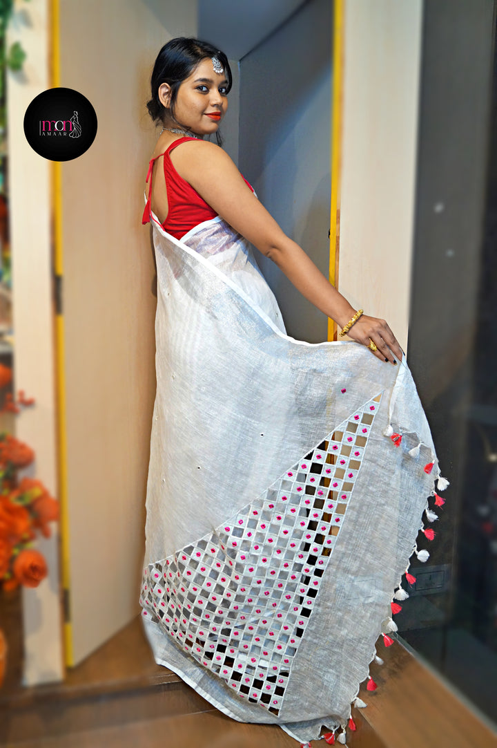 Outlook  -Linen Saree with Cut Work