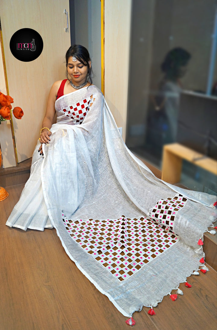 Outlook  -Linen Saree with Cut Work