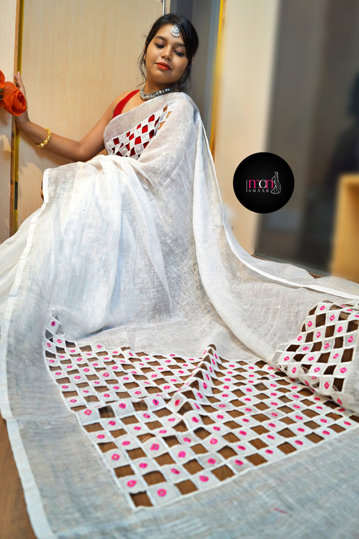 Outlook  -Linen Saree with Cut Work