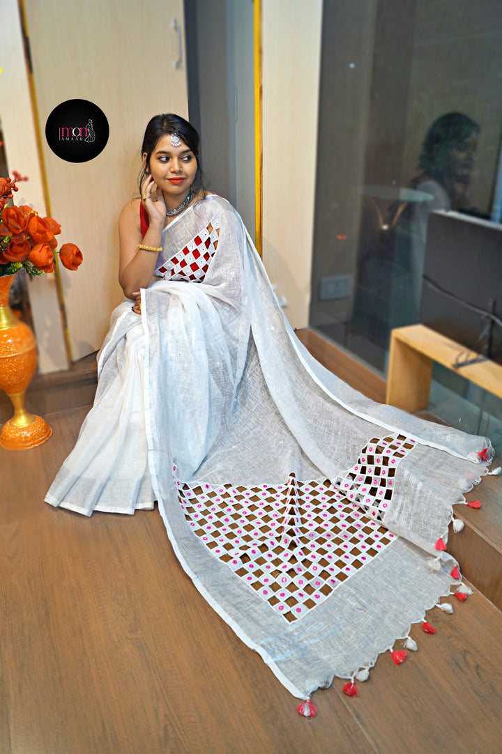 Outlook  -Linen Saree with Cut Work