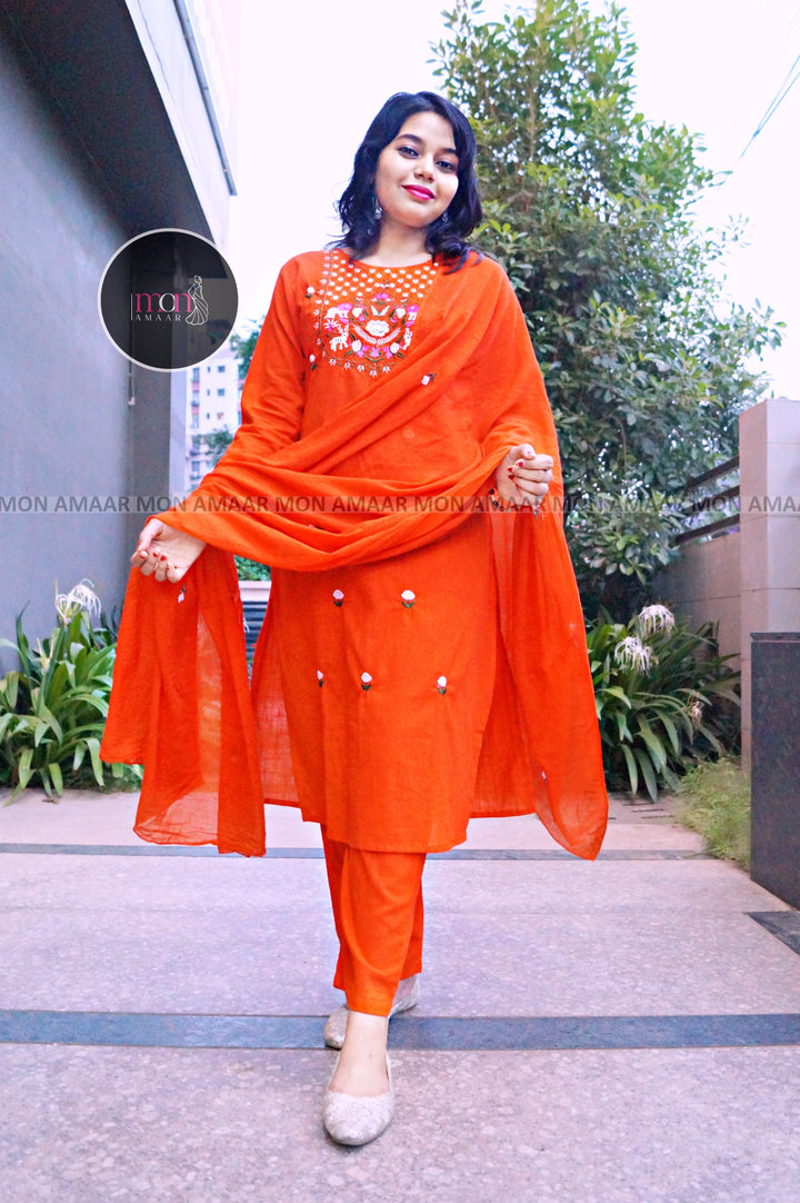 Orange Beauty -Cotton Kurti Set