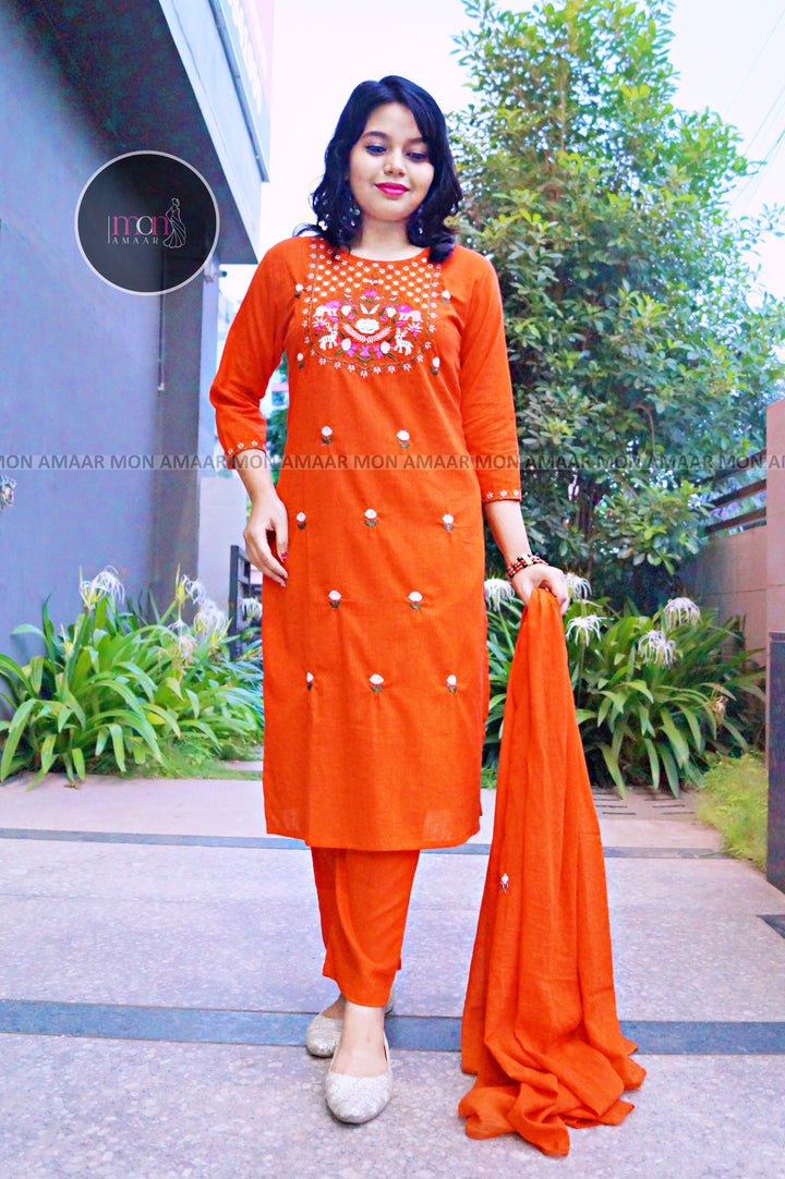 Orange Beauty -Cotton Kurti Set