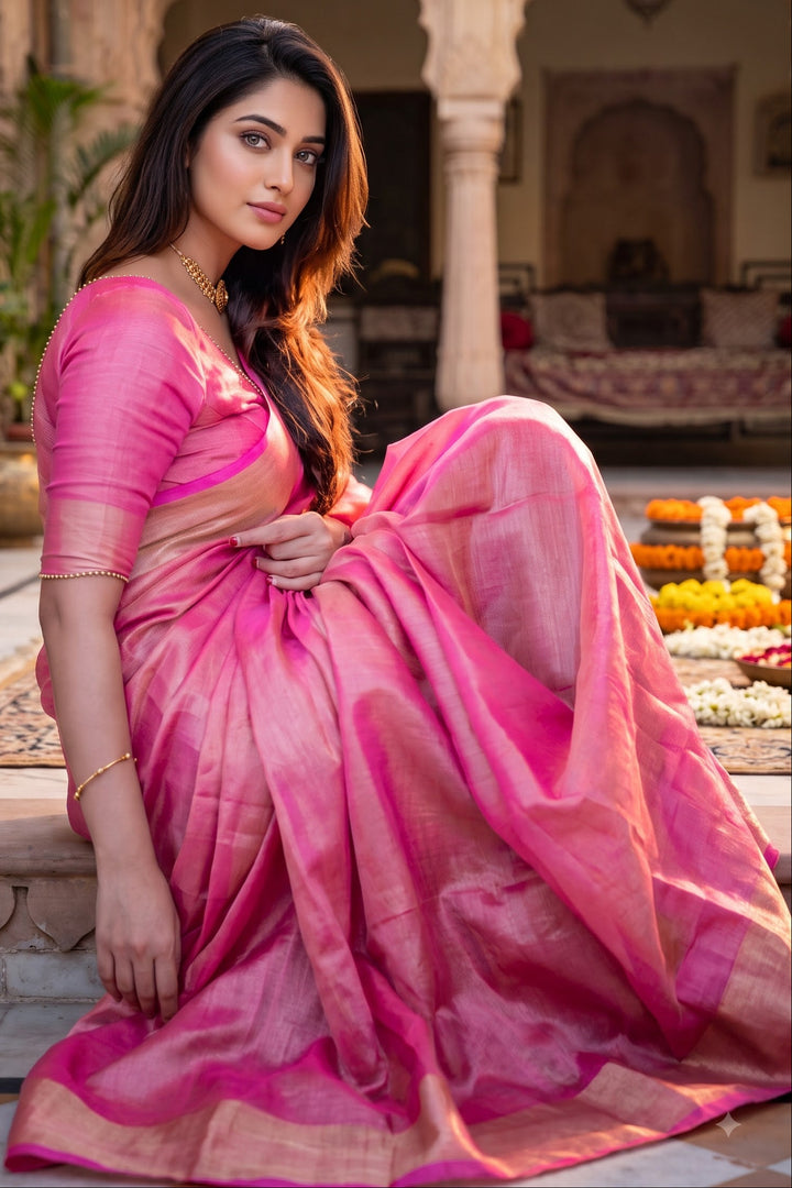 Pure Handwoven Tissue Linen Saree(Pink)