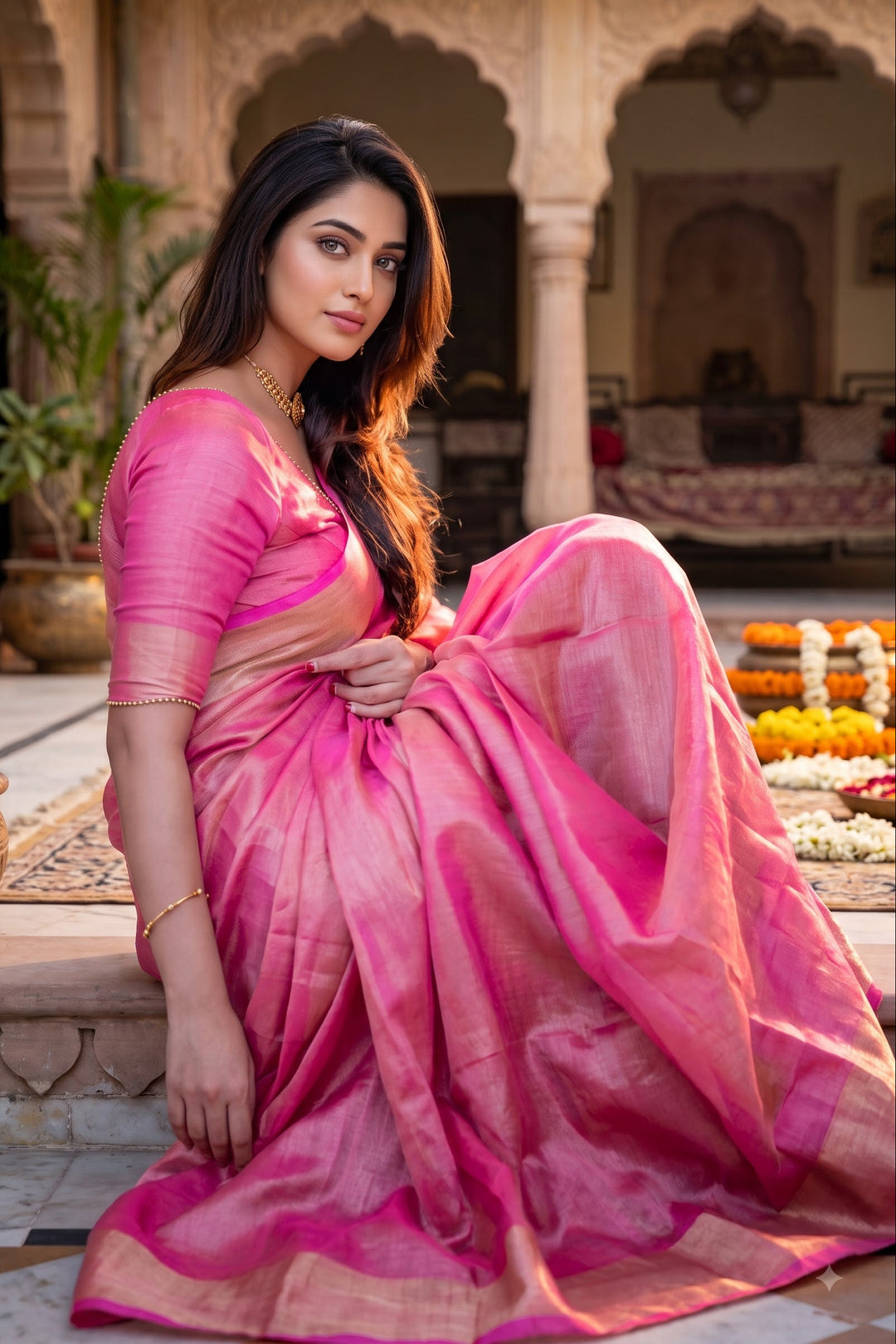 Pure Handwoven Tissue Linen Saree(Pink)
