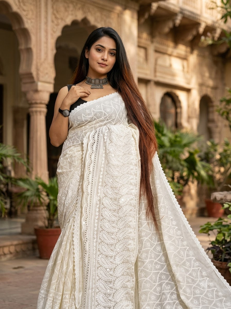White Rose Chikankari Hakoba Saree