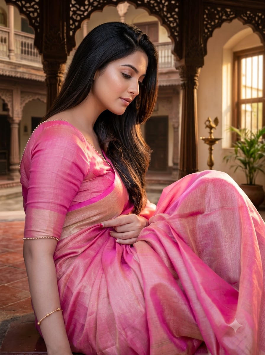 Pure Handwoven Tissue Linen Saree(Pink)