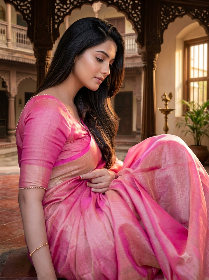 Pure Handwoven Tissue Linen Saree(Pink)