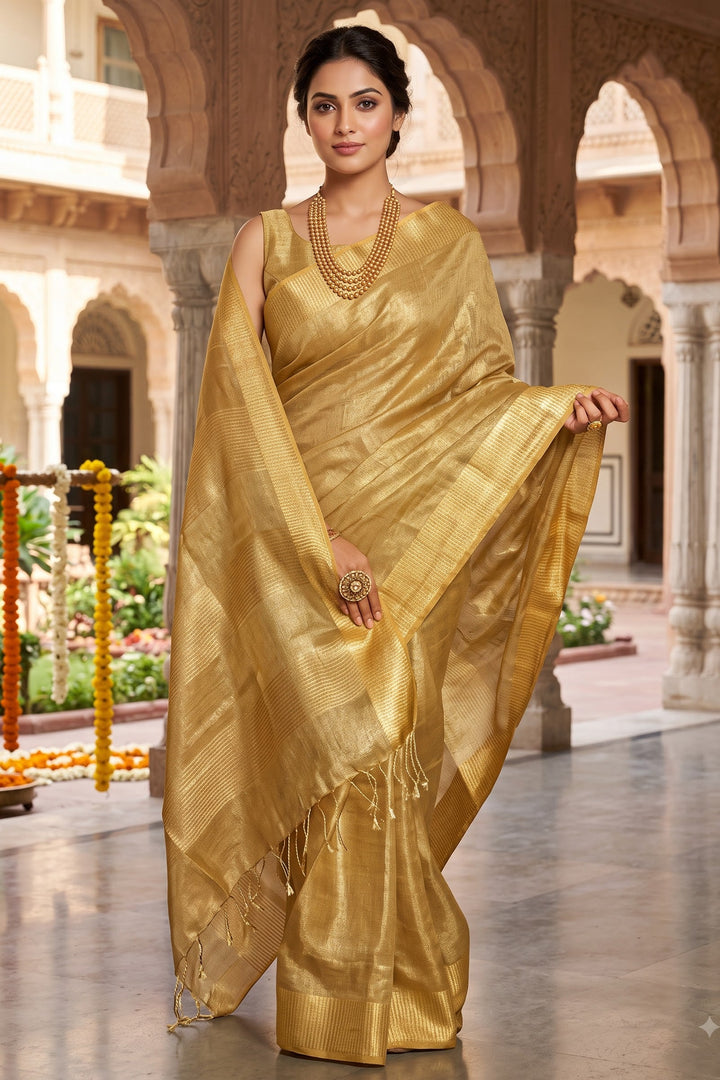 Golden Pure Handwoven Tissue Linen Saree