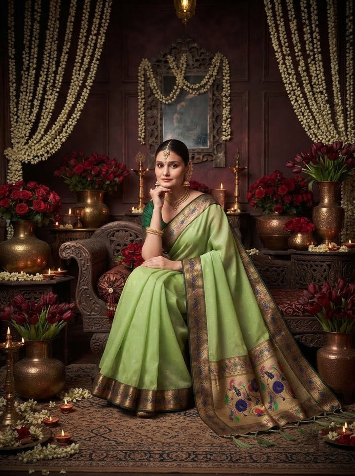 Golden Dew-Organza Silk (Semi) Saree with Minakari Zari Border & Designer Zari Pallu