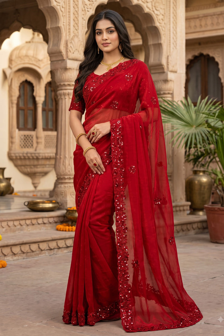 Raktima – Red Fendy Satin Silk Saree with Sequin & Beadwork