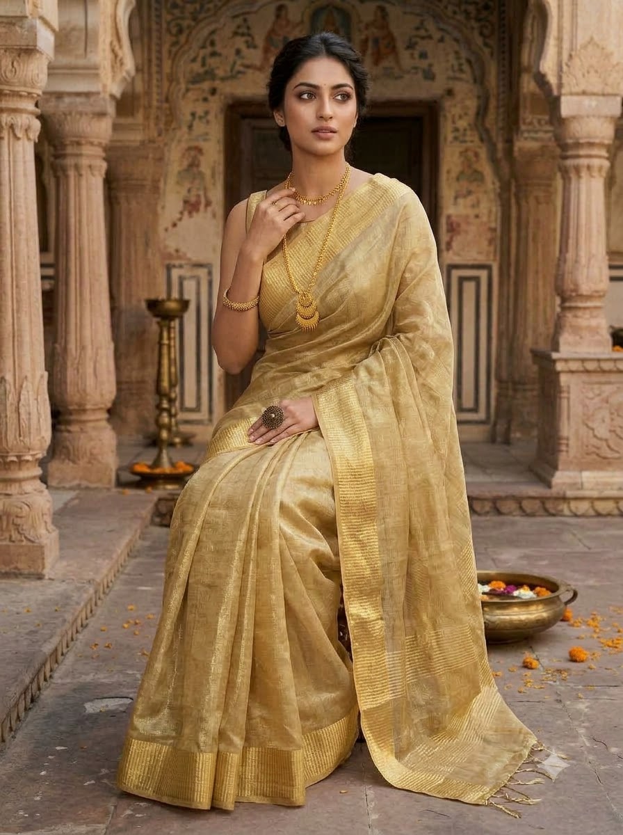 Golden Pure Handwoven Tissue Linen Saree