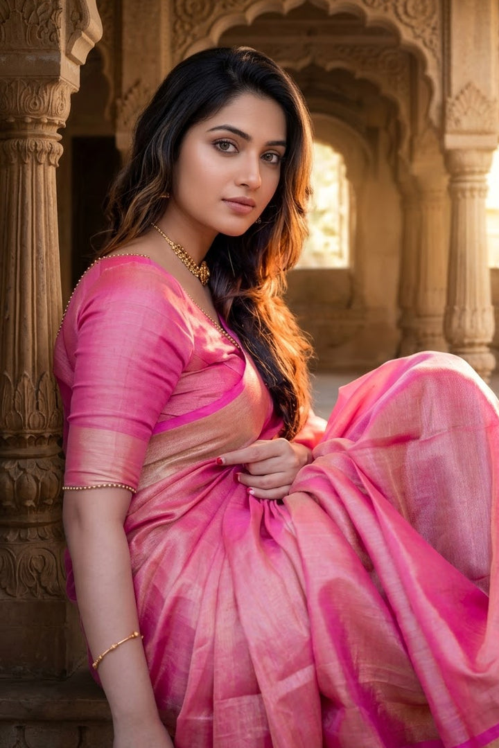 Pure Handwoven Tissue Linen Saree(Pink)