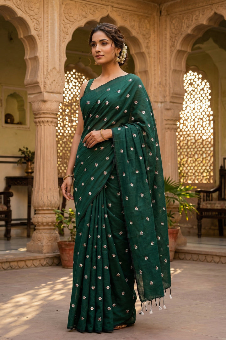 Bengal Shiuli(Jasmine) khadi Saree In Deep Green