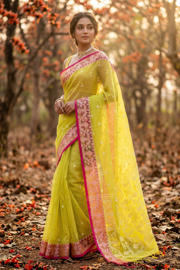 Hiyar Majhe Muslin Cotton Saree (Yellow Saree Pink Border)