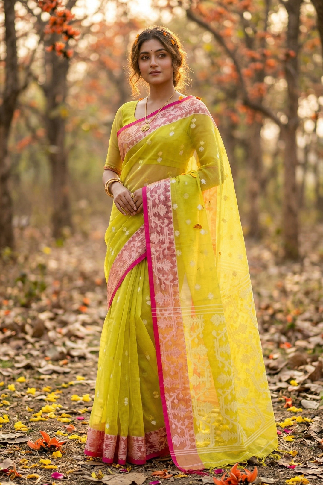 Hiyar Majhe Muslin Cotton Saree (Yellow Saree Pink Border)