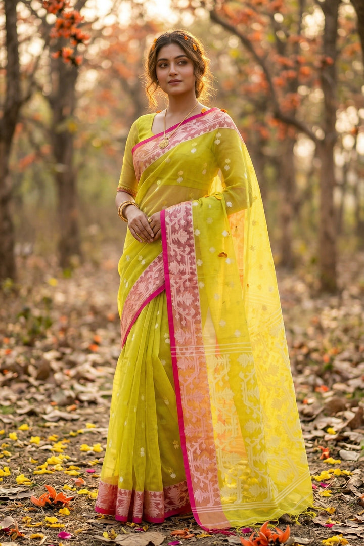 Hiyar Majhe Muslin Cotton Saree (Yellow Saree Pink Border)