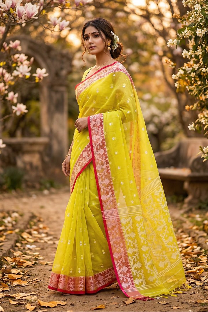 Hiyar Majhe Muslin Cotton Saree (Yellow Saree Red Border)