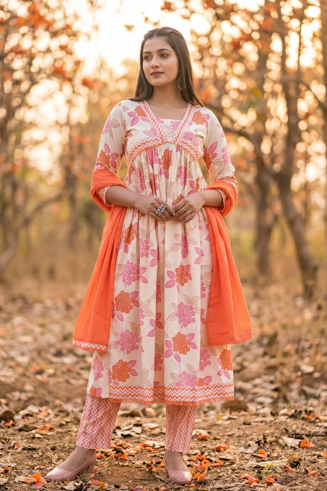 White Pink Floral Anarkali Kurti Set