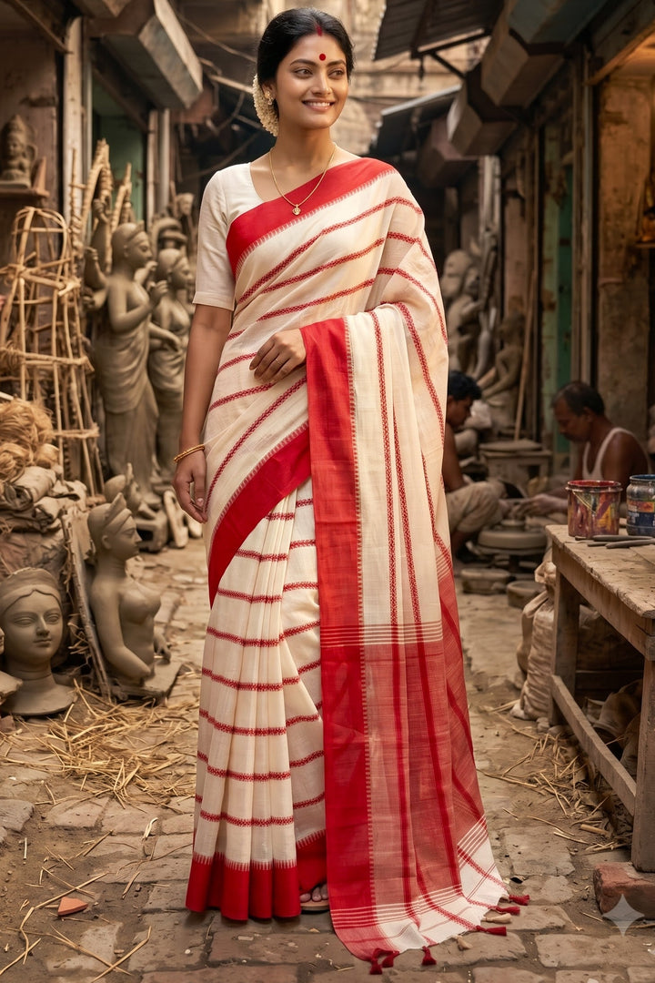 Shwetanjali Stripe Khadi Saree