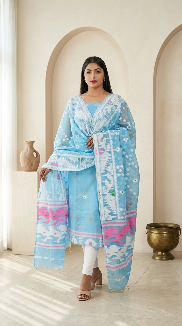 Bhorer Alo Cotton Jamdani Unstitched Dress Material (Kurti Piece and Dupatta)