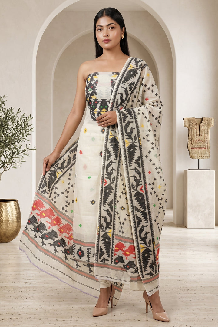 Bhorer Alo Cotton Jamdani Unstitched Dress Material (Kurti Piece and Dupatta)
