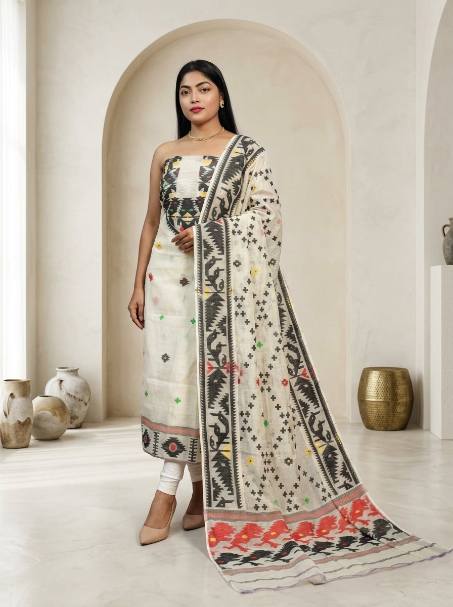 Bhorer Alo Cotton Jamdani Unstitched Dress Material (Kurti Piece and Dupatta)