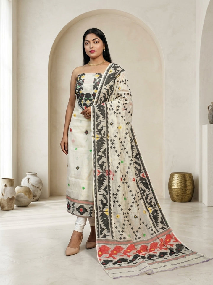 Bhorer Alo Cotton Jamdani Unstitched Dress Material (Kurti Piece and Dupatta)
