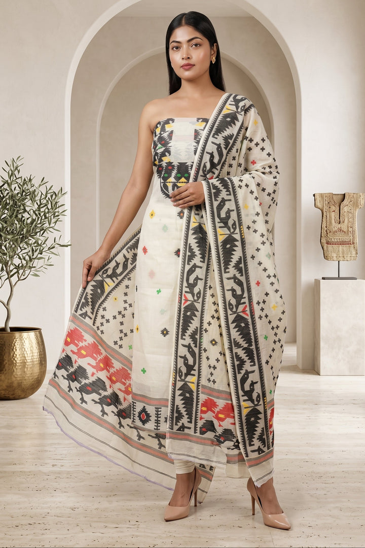 Bhorer Alo Cotton Jamdani Unstitched Dress Material (Kurti Piece and Dupatta)
