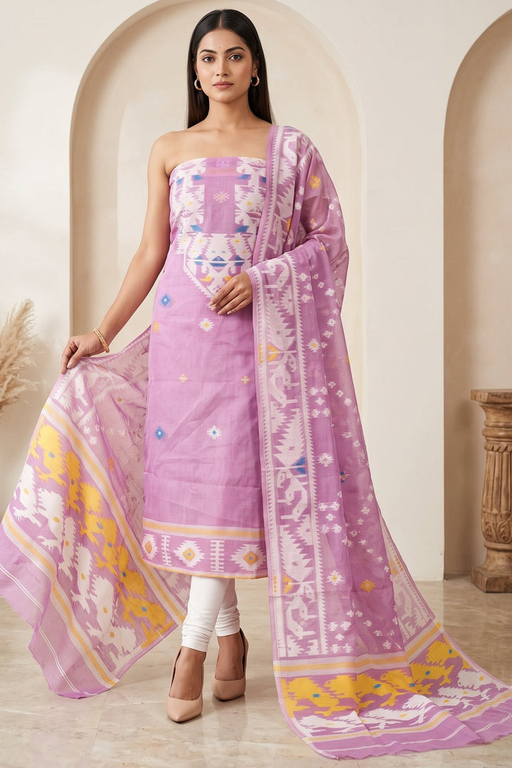 Bhorer Alo Cotton Jamdani Unstitched Dress Material (Kurti Piece and Dupatta)
