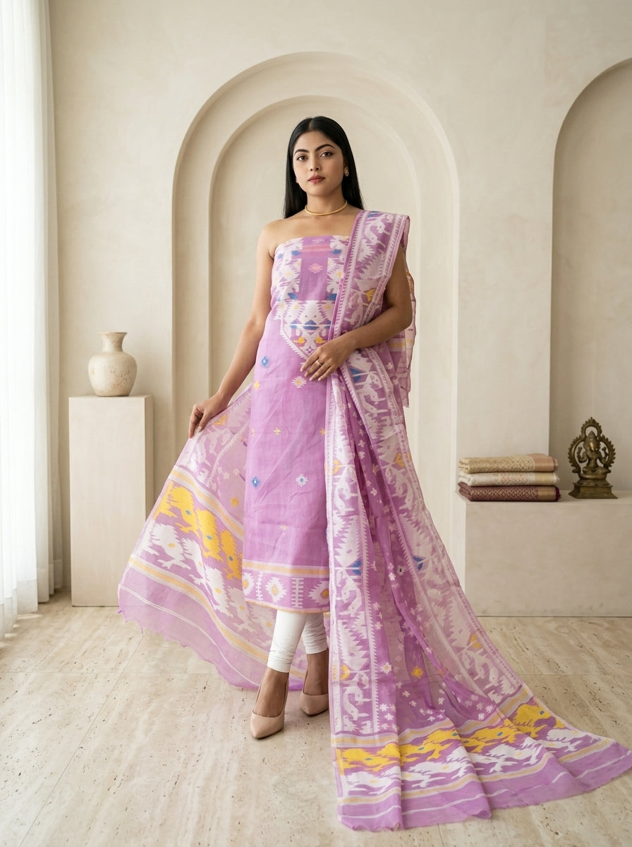 Bhorer Alo Cotton Jamdani Unstitched Dress Material (Kurti Piece and Dupatta)