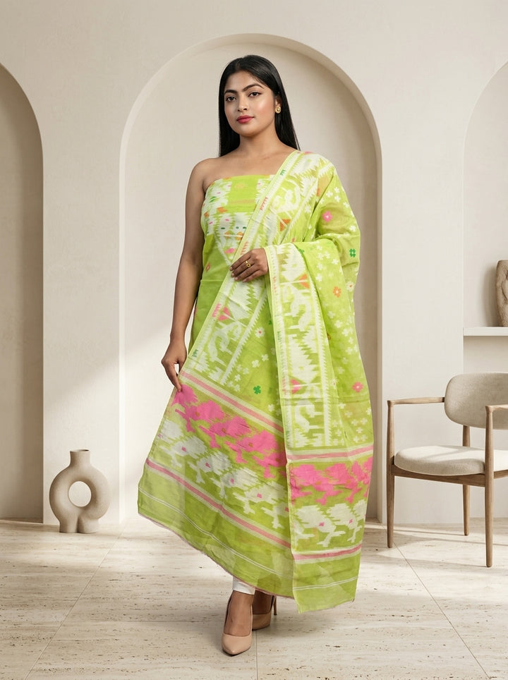 Bhorer Alo Cotton Jamdani Unstitched Dress Material (Kurti Piece and Dupatta)