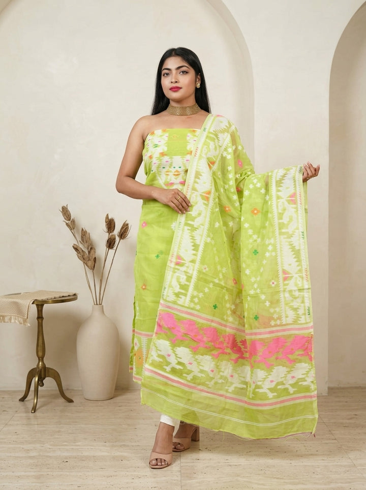 Bhorer Alo Cotton Jamdani Unstitched Dress Material (Kurti Piece and Dupatta)