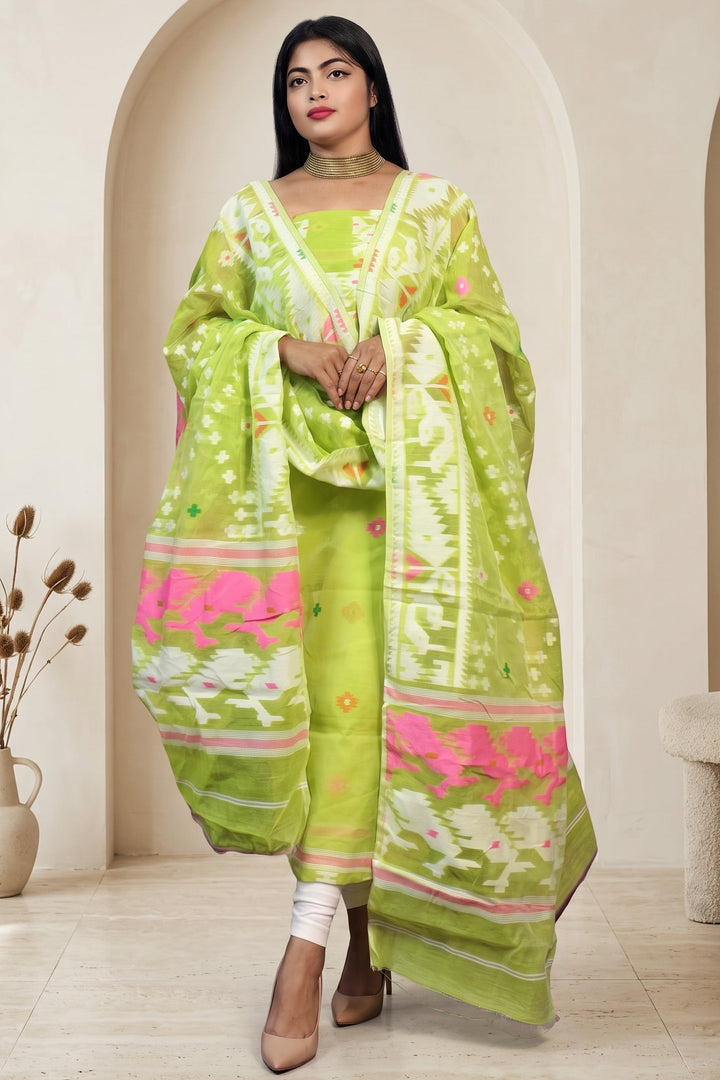 Bhorer Alo Cotton Jamdani Unstitched Dress Material (Kurti Piece and Dupatta)