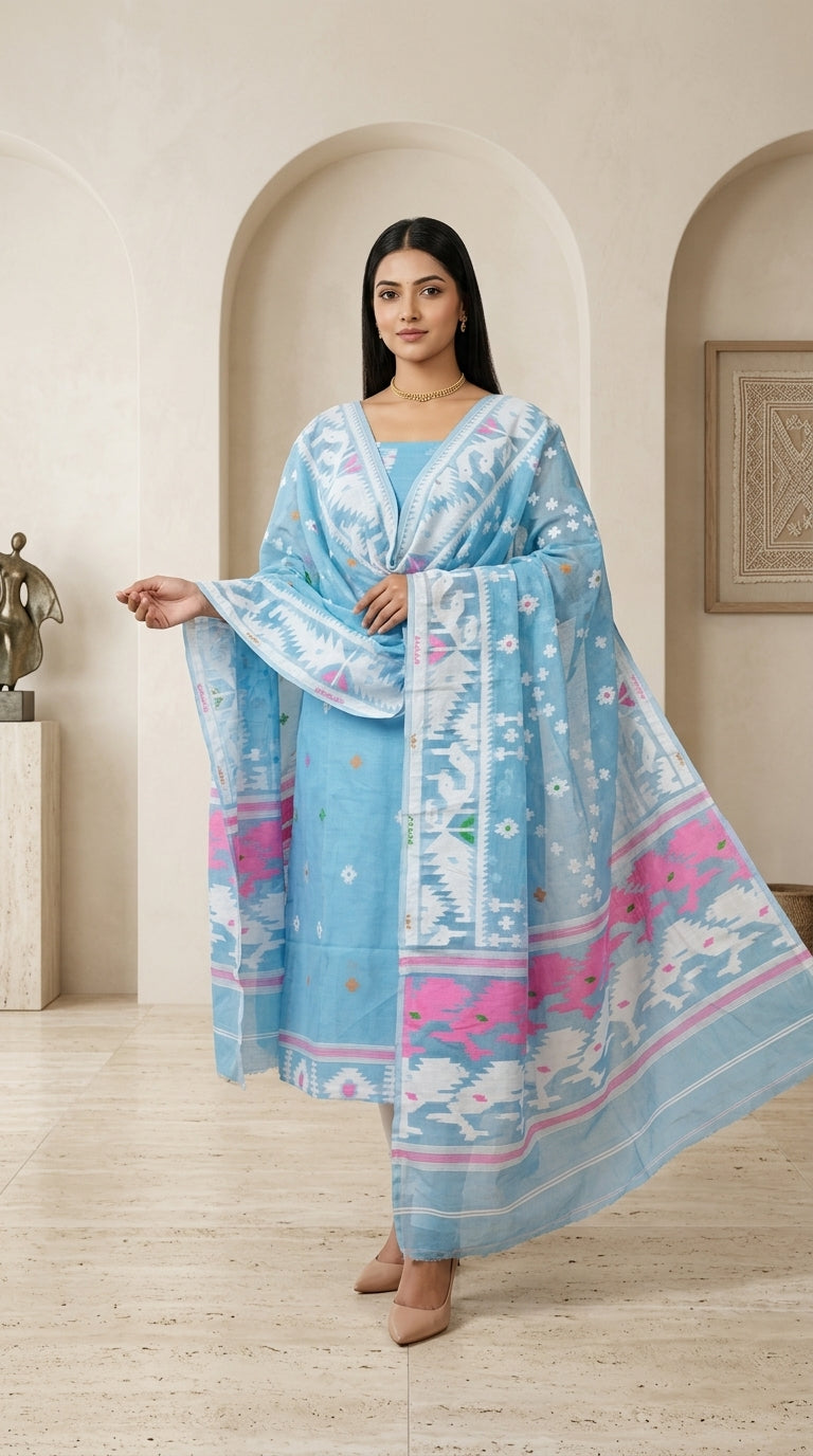 Bhorer Alo Cotton Jamdani Unstitched Dress Material (Kurti Piece and Dupatta)