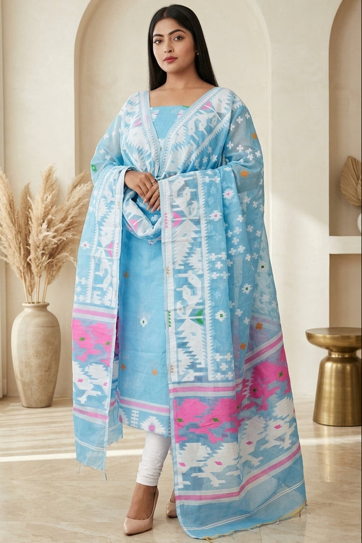 Bhorer Alo Cotton Jamdani Unstitched Dress Material (Kurti Piece and Dupatta)
