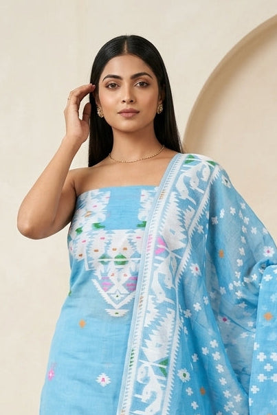 Bhorer Alo Cotton Jamdani Unstitched Dress Material (Kurti Piece and Dupatta)