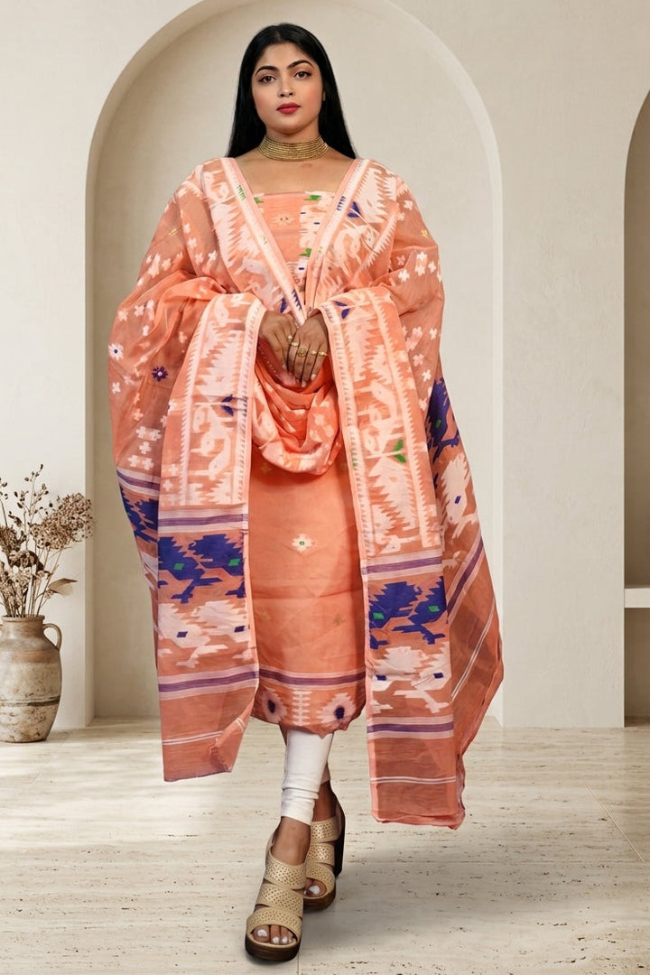 Bhorer Alo Cotton Jamdani Unstitched Dress Material (Kurti Piece and Dupatta)