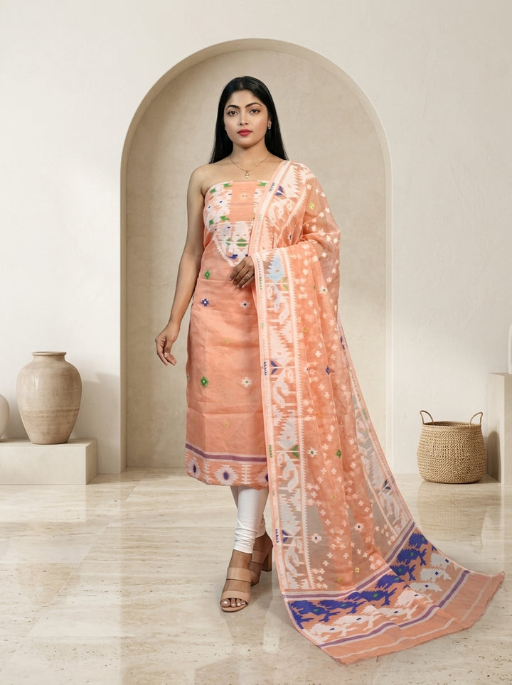 Bhorer Alo Cotton Jamdani Unstitched Dress Material (Kurti Piece and Dupatta)