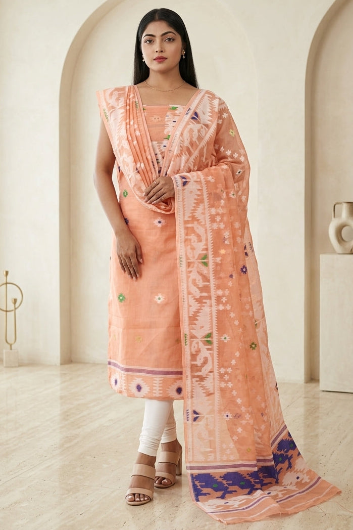 Bhorer Alo Cotton Jamdani Unstitched Dress Material (Kurti Piece and Dupatta)